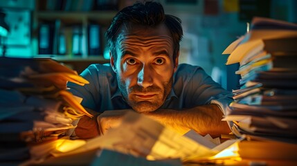 Poster - Exhausted Office Worker Surrounded by Overwhelming Paperwork and Computer Screen