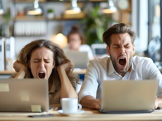 Poster - weary professionals yawning and stretching at their desks signifying fatigue and burnout from long g