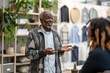 © Jane_S - Elderly man in a patterned sweater engaging in a friendly conversation inside a modern store.