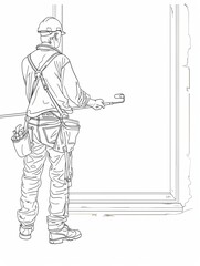 Poster - A continuous line drawing of a painter using a paint roller to paint the wall of a house. Generative AI