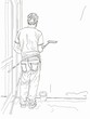 © Анатолий Сав - A continuous line drawing of a painter standing in a room, holding a roller and painting a wall. Generative AI