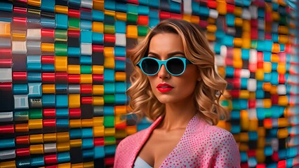 Poster - Woman Wearing Blue Sunglasses in Front of Colorful Wall Generative AI