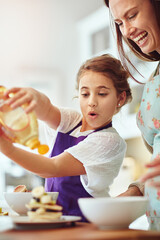 Wall Mural - Mother, dessert or child baking with honey in kitchen for growth development to prepare cookies in family home. Girl kid, mom and learning pastry recipe for bonding, bowl or cooking snacks or pancake