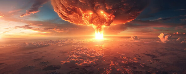 A nuclear explosion in a barren desert. A blinding flash of light accompanied by a tall mushroom cloud. The shock wave tears apart the sand, creating a wasteland of destruction.