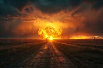 Wall Mural - A nuclear explosion in a rural field, with a road stretching into the distance. A billowing mushroom cloud rises above the horizon, engulfing the peaceful landscape.