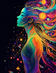 abstract the silhouette of a woman with bright colors and black background psychedelic