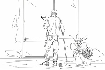 Poster - Black and white single line illustration of a painter decorator using a paint roller to paint a wall inside a house. Generative AI
