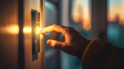 Closeup of a hand turning off a light switch in a softly lit room