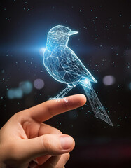  A 3D projection, hologram, of a small bird sitting on a finger, bird, energy, blue, digital, technology, space, animal