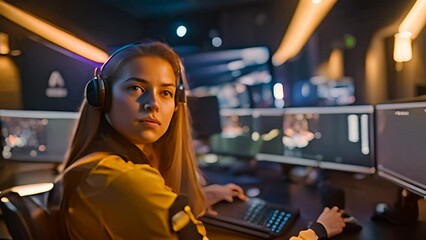 Poster - Woman Working in a Security Setting With Multiple Monitors Generative AI