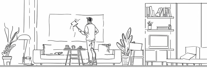 Poster - A single line drawing depicting a painter standing on a ladder and painting a wall in a living room. Generative AI