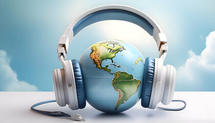 World music day concept. Stereo headphone and a globe on a white banner. illustration