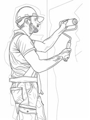 Poster - A single line drawing of a painter wearing a hard hat and overalls, using a roller to paint a wall. Generative AI