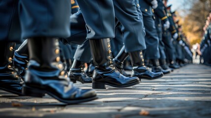 Detailed shot of soldiers' boots and uniforms while marching in a military parade