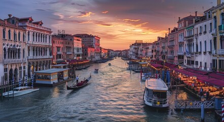 Photograph of the Grand Canal in Venice, Italy at sunset. The photo captures the bustling activity on boats and street vendors along its banks.