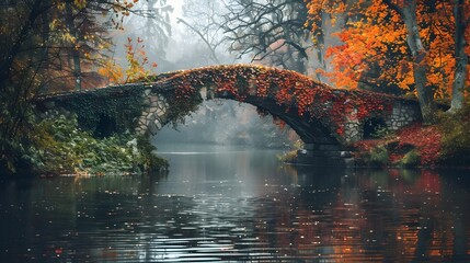 Wall Mural - Enchanting Autumnal Stone Bridge Spanning a Tranquil River Amidst Vibrant Fall Foliage