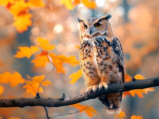 Sticker - Majestic Owl Perched on Autumn Branch Amid Colorful Forest Foliage