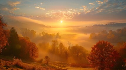 Wall Mural - breathtaking autumn sunrise over misty foggy valley with vibrant foliage