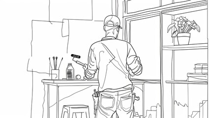 Poster - A single line drawing depicts a painter working on a home renovation project. The painter is holding a paint roller and is about to paint a wall. Generative AI