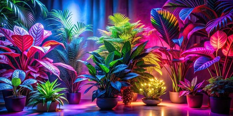 Wall Mural - Exotic plants illuminated by colorful LED lights, exotic, plants, illuminated, colorful, LED lights, botanical, garden, tropical