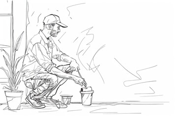 Wall Mural - A single line drawing of a painter preparing to paint a wall. He is holding a paint roller and a paint can. Generative AI