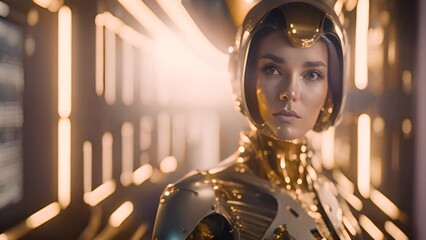 Poster - female robot in futuristic corridor generative ai
