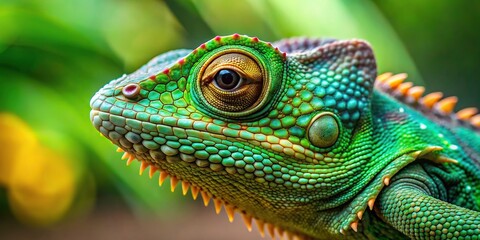 Wall Mural - Close up of a green chameleon (Pogona vitticeps) showcasing intricate scales and vibrant colors, reptile, lizard, exotic