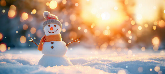 photo of happy smiling snowman in hat and scarf, standing on white snow with colorful bokeh lights
