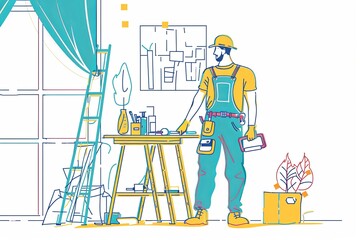 Poster - A continuous line drawing of a painter decorator standing in a room, holding a paintbrush roller, with a ladder in the background. Generative AI