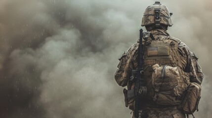 A lone soldier stands amidst a cloud of smoke, their back to the camera, representing the dangers and uncertainty of combat.