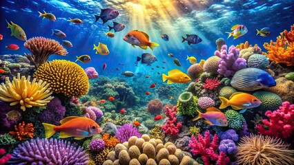 Canvas Print - Vibrant underwater ecosystem teeming with colorful fish and intricate coral formations, coral reef, marine life