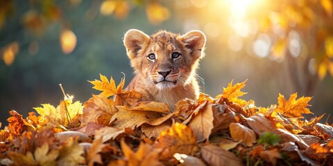 Wall Mural - Lion cub joyfully playing in a pile of falling autumn leaves in the soft morning light , Lion, cub, animal, playful, autumn, fall
