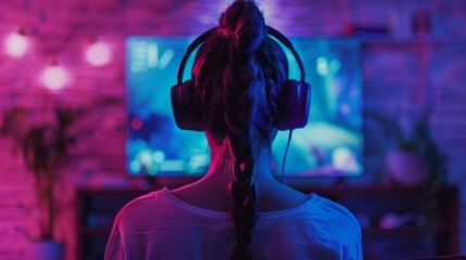 Poster - A woman is playing a video game with a purple background