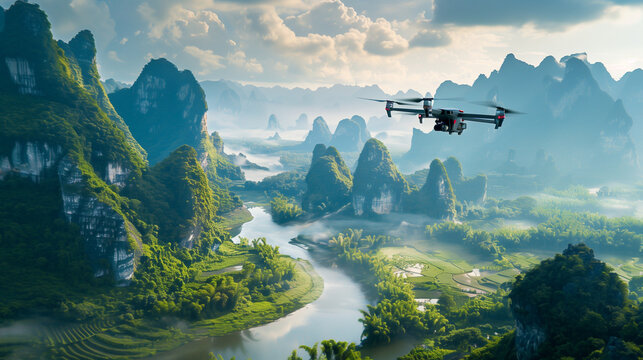 A drone flying over a scenic landscape capturing aerial footage, Asian landscape