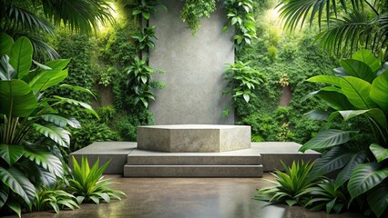 Wall Mural - Podium stone surrounded by lush green plants , podium, stone, green, plants, nature, environment, growth