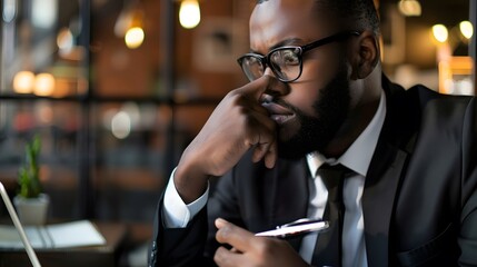 Wall Mural - Focused African American man in a suit thinking deeply while working on a laptop in a modern office.