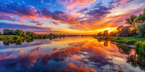 Wall Mural - Sunset over peaceful river with vibrant colors reflecting on the water, sunset, river, water, colorful, reflection, peaceful, serene