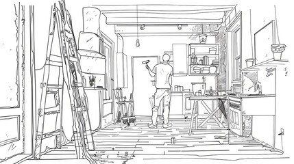 Poster - A continuous line drawing depicts a painter in a kitchen, holding a paint roller and standing on a ladder. Generative AI