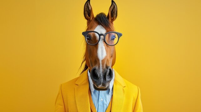 Horse in modern outfit with hipster glasses and yellow suit creative animal billboard pastel yellow background with copyright area