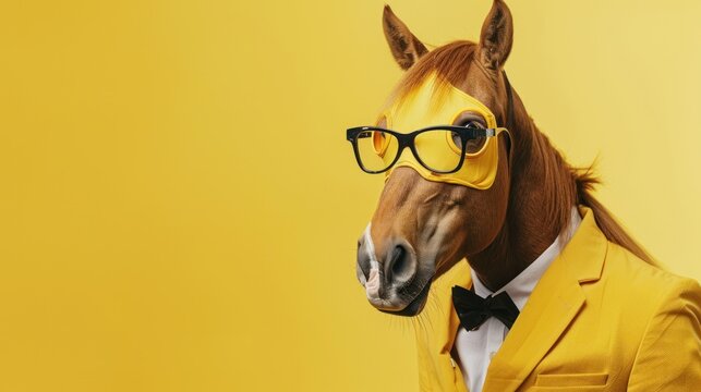 Horse in modern outfit with hipster glasses and yellow suit creative animal billboard pastel yellow background with copyright area