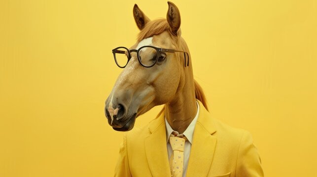 Horse in modern outfit with hipster glasses and yellow suit creative animal billboard pastel yellow background with copyright area