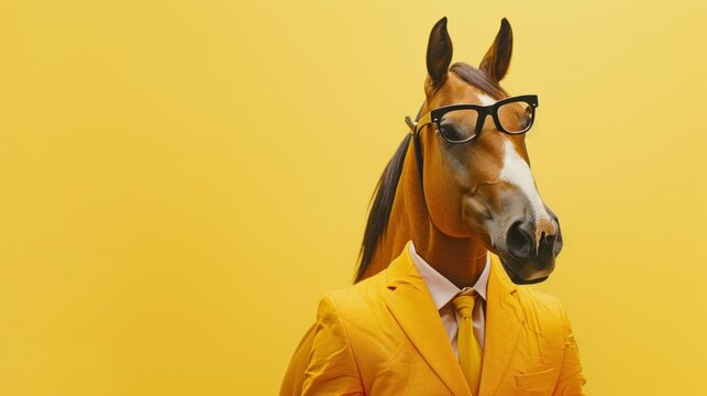Horse in modern outfit with hipster glasses and yellow suit creative animal billboard pastel yellow background with copyright area