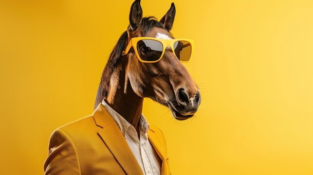 Horse in modern outfit with hipster glasses and yellow suit creative animal billboard pastel yellow background with copyright area