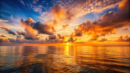 Wall Mural - Sunset casting warm orange light over calm sea with soft clouds , sunset, sea, ocean, water, horizon, sky, scenic, nature