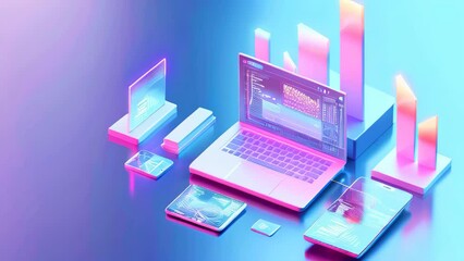 Poster - Isometric illustration of laptop, tablet and phone with data graph charts