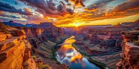 Breathtaking Grand Canyon sunset with vibrant colors reflecting on the rocks and river below, scenic, majestic