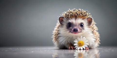 Wall Mural - Cute realistic hedgehog with big eyes and daisy on gray background, adorable, realistic, hedgehog, animal, daisy, eyes, cute