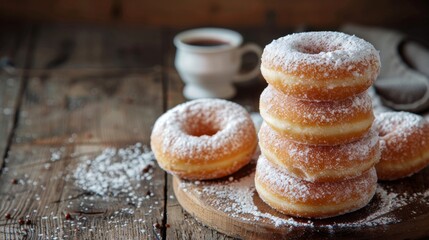 Poster - A stack of powdered sugar donuts on a rustic wooden table, perfect for a cozy brunch setting.