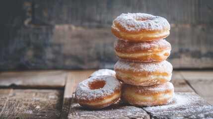 Poster - A stack of powdered sugar donuts on a rustic wooden table, perfect for a cozy brunch setting.