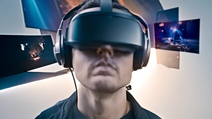 Poster - Man Experiencing Virtual Reality With Screens in Background Generative AI